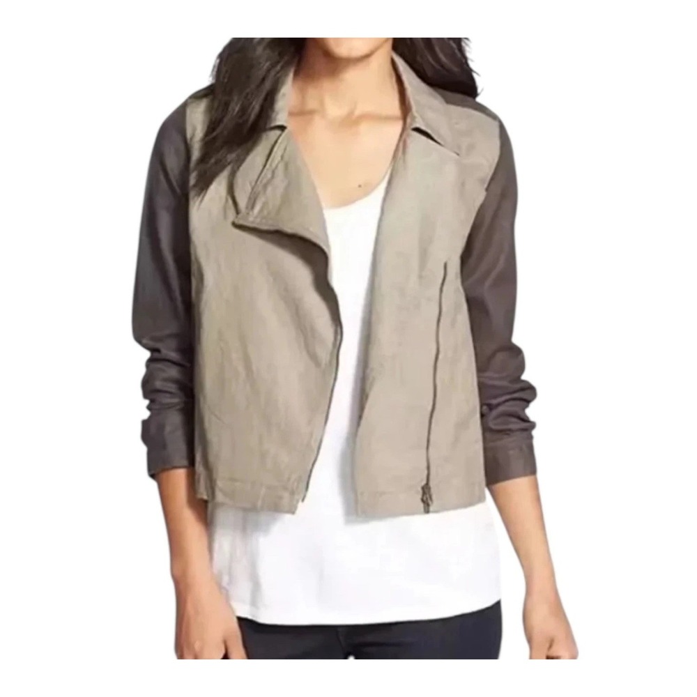 Eileen Fisher Linen Moto Jacket Petite M Gray Asymmetrical Zip Colorblock